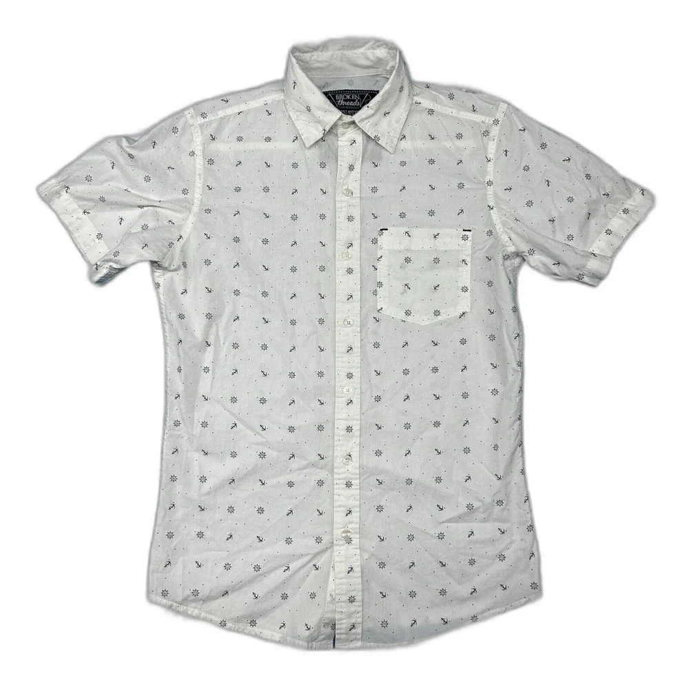 Broken Threads Men's Button Down Shirt Short Sleeve White blue Print Size S - Picture 1 of 7